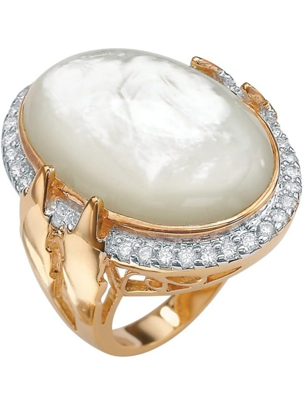 Elegant Yellow Gold-Plated Oval Mother of Pearl & CZ Bezel Set Ring, Sizes 7-12